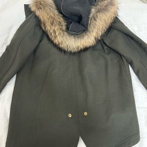 Veronica Beard Olive Coat with Fur Trim